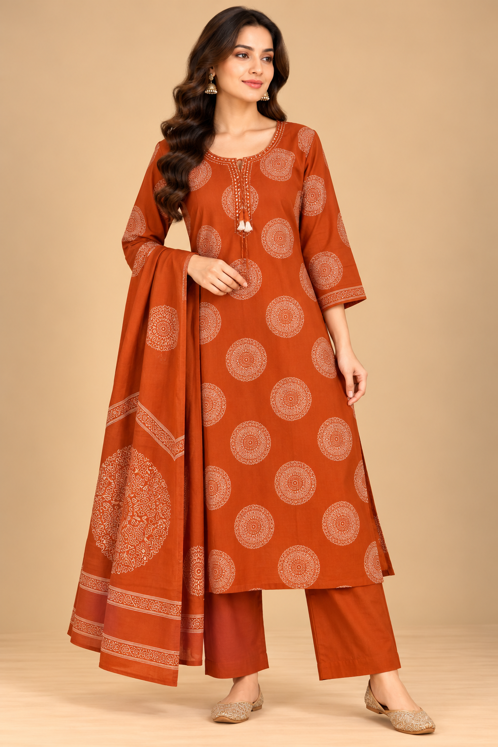 Rust Orange Mandala Printed Straight Kurta Palazzo Set with Dupatta for Women