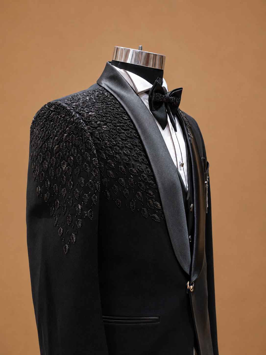 Luxury Black Designer Tuxedo Suit for Men with Embellished Shawl Lapel | Premium Wedding Reception & Black Tie Formal Suit
