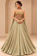 Premium Sage Green Floral Embroidered Gown with Gold Embellishments and Flowing Cape – product image 1
