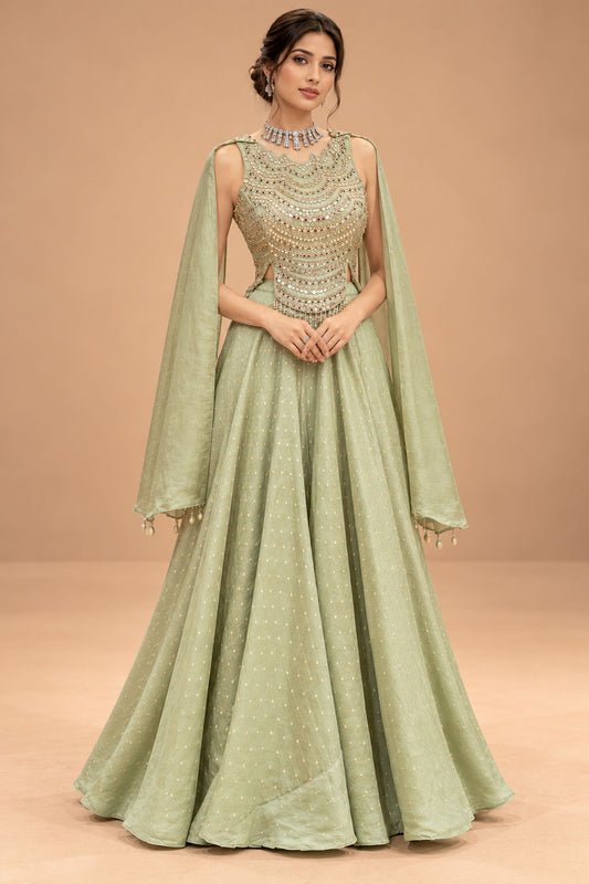 Elegant Sage Green Designer Lehenga Set with Embellished Blouse & Cape Dupatta