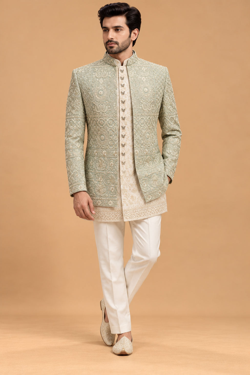 Sage Green Embroidered Indo-Western Sherwani Set for Men with Ivory Kurta & Trousers – product view 1