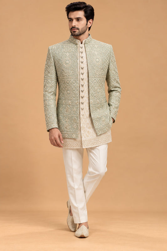 Sage Green Embroidered Indo-Western Sherwani Set for Men with Ivory Kurta & Trousers – product view 1