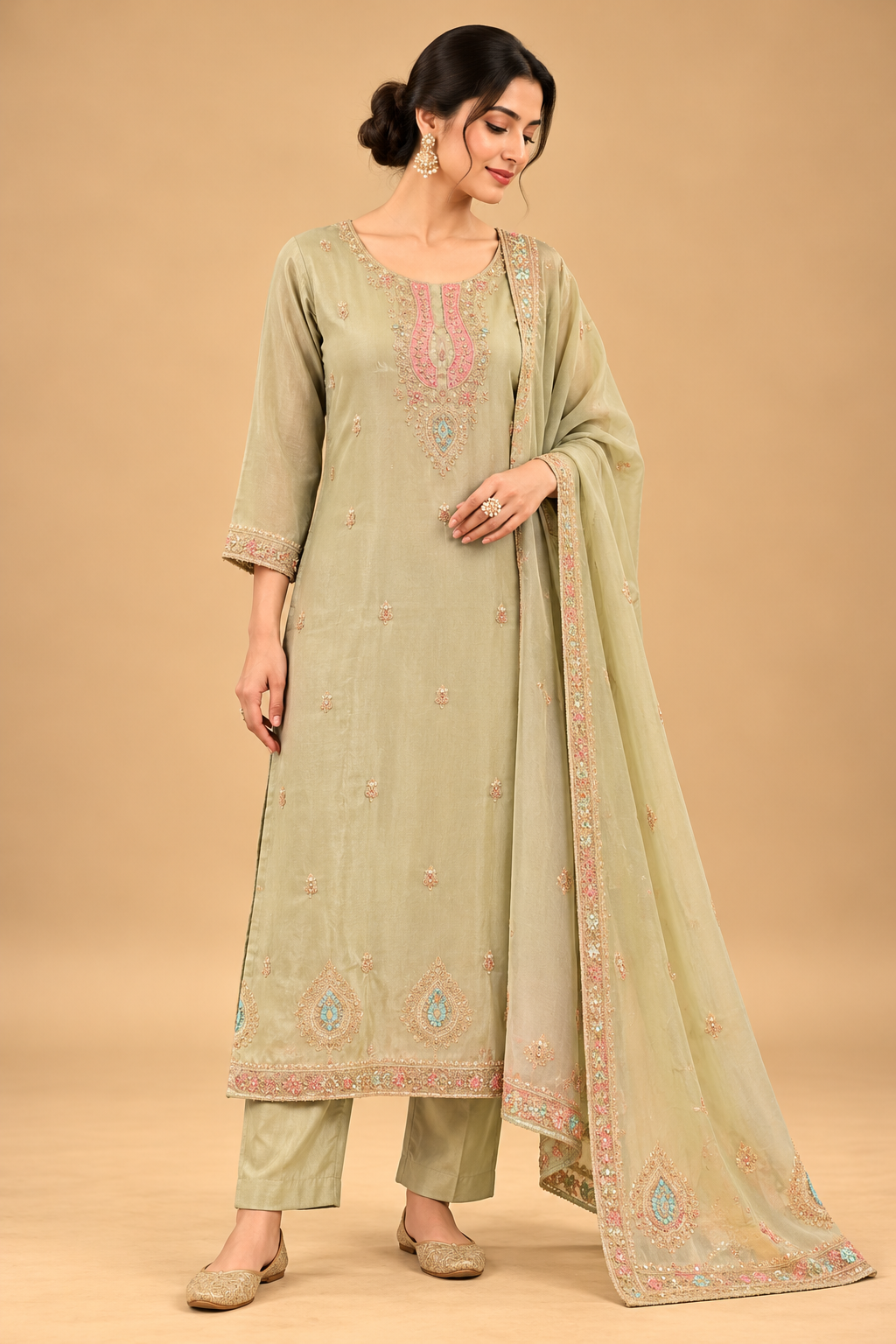 Elegant Sage Green Embroidered Straight Kurta Set with Pants and Dupatta for Women