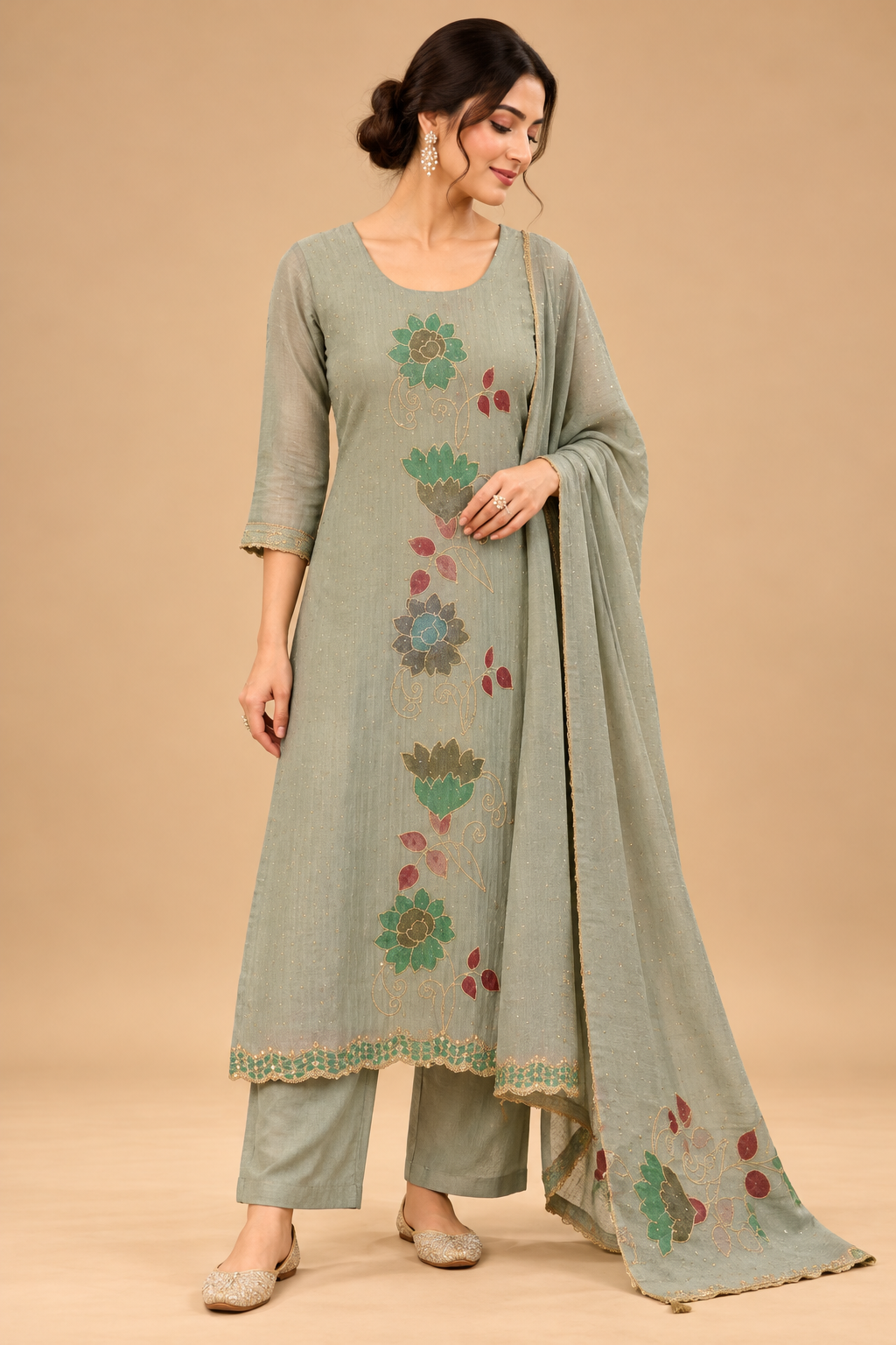 Elegant Sage Green Floral Embroidered Straight Kurta Set with Pants and Dupatta for Women