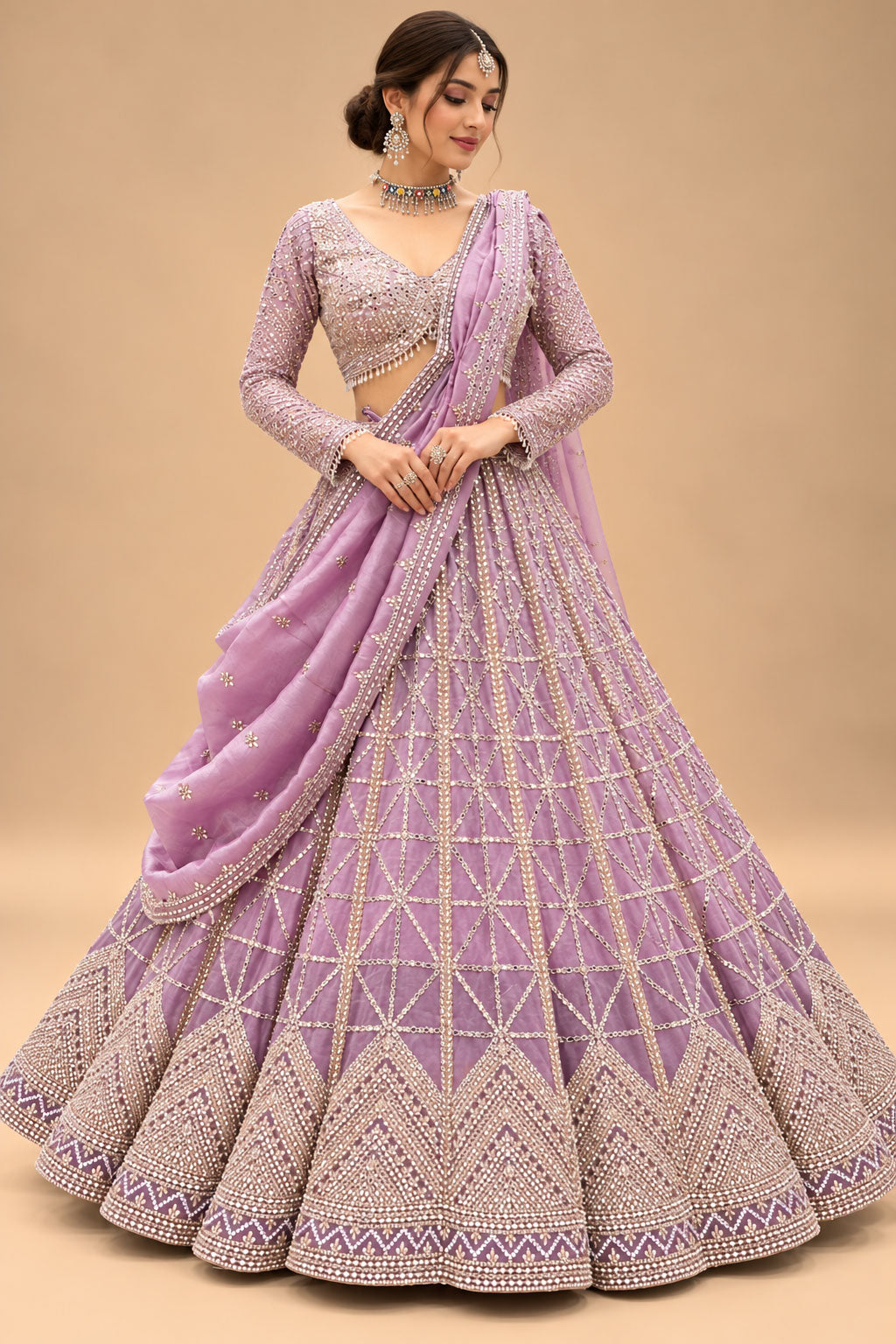 Luxury Lavender Lehenga with Shimmering Sequin Embroidery and Geometric Mirror-Style Work