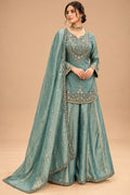 Elegant Teal Blue Embroidered Sharara Set with Matching Dupatta