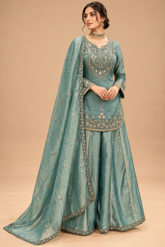 Elegant Teal Blue Embroidered Sharara Set with Matching Dupatta