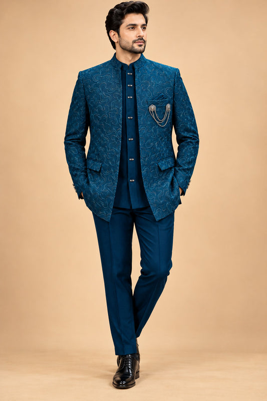 Men's Teal Blue Embroidered Indo-Western Sherwani Set