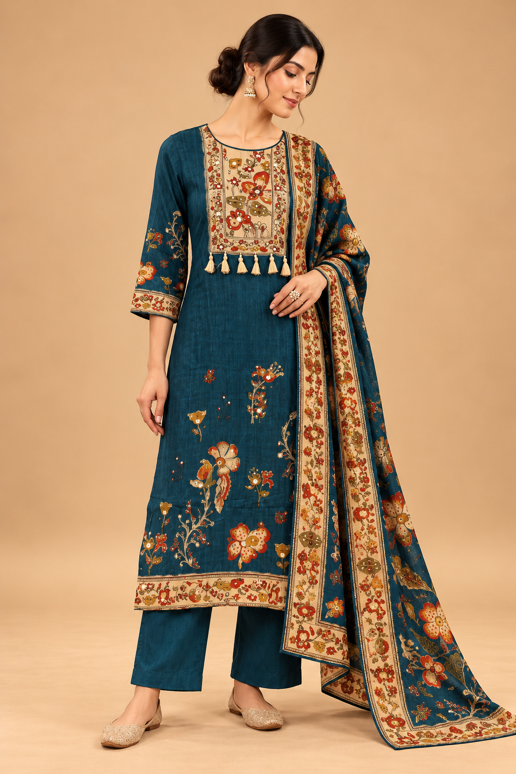 Elegant Deep Teal Blue Floral Embroidered Straight Kurta Set with Pants and Printed Dupatta for Women