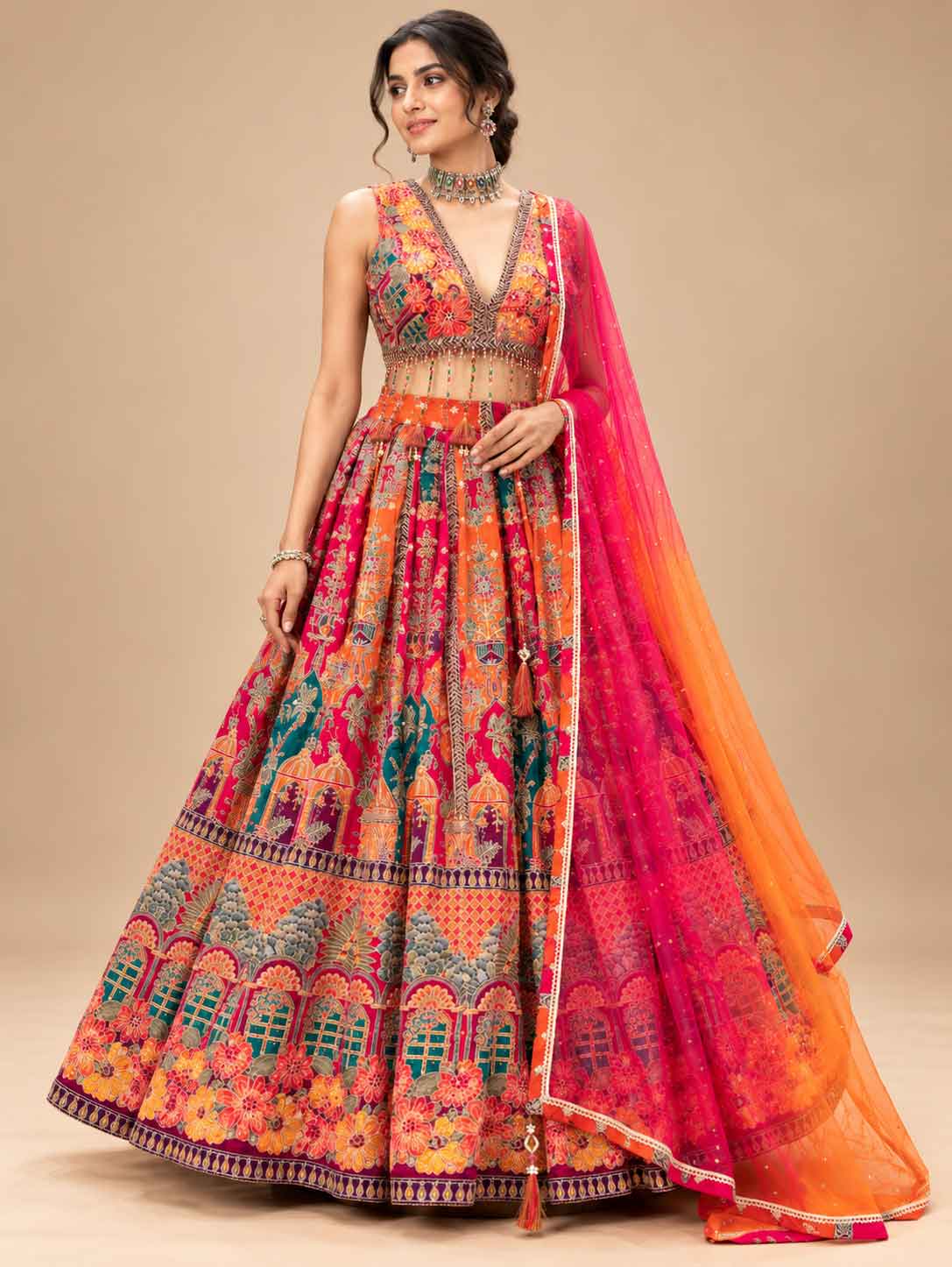 Multicolour Floral Printed Lehenga Set with Pink Orange Ombré Dupatta for Women – product view 1