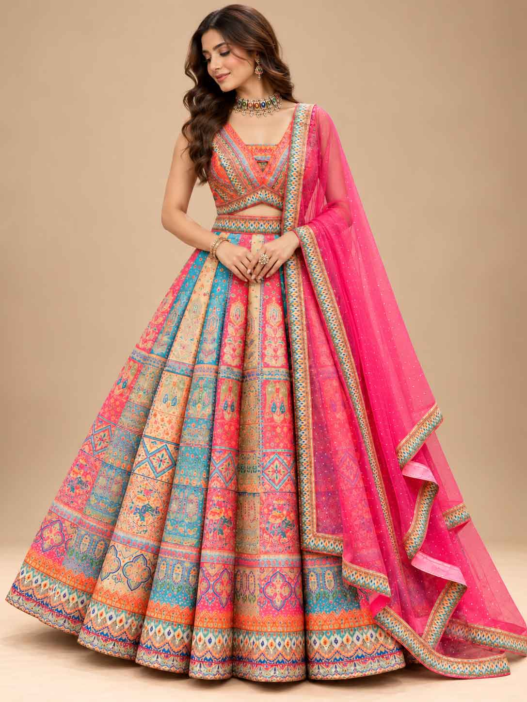 Multicolour Printed Lehenga Set with Rani Pink Dupatta for Women – product view 1