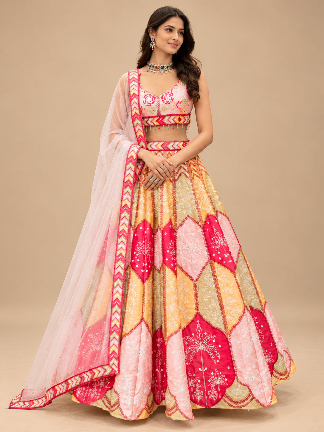 Pink & Golden Yellow Floral Designer Lehenga Set with Sheer Dupatta for Women – product view 1