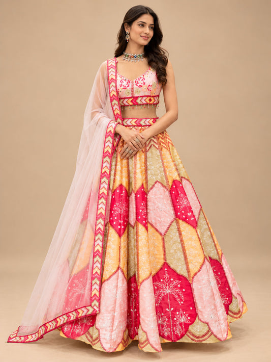 Pink & Golden Yellow Floral Designer Lehenga Set with Sheer Dupatta for Women – product view 1