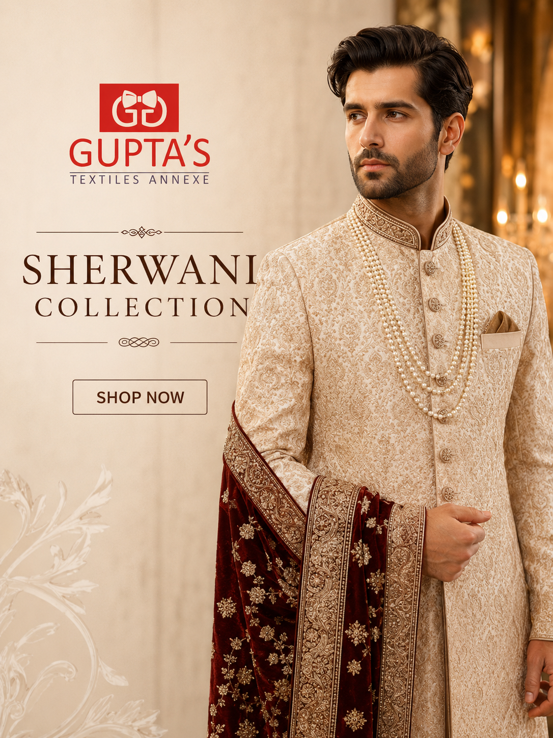 Guptas Textiles Annexe sherwani category banner for groom and wedding wear in Bangalore