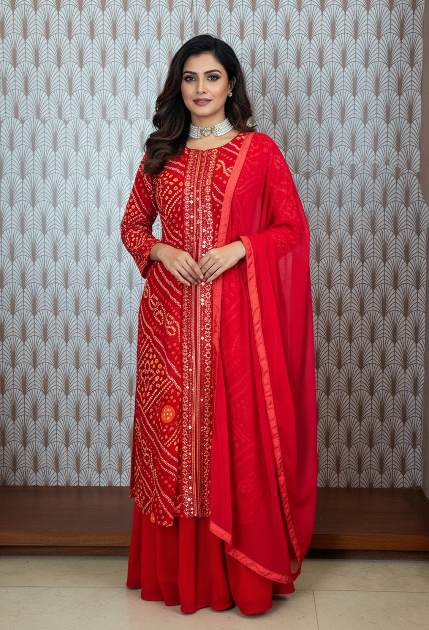 Red Bandhani Printed Straight Cut Suit Set with Palazzo & Dupatta – Traditional Festive Wear for Women