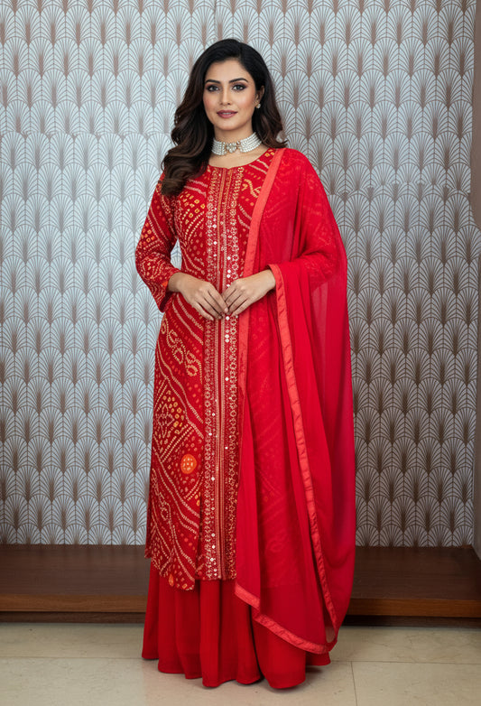 Red Bandhani Printed Straight Cut Suit Set with Palazzo & Dupatta – Traditional Festive Wear for Women